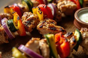 Куриные шашлыки с овощами и соусом