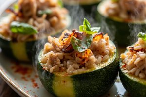 Фаршированные кабачки с курицей и рисом