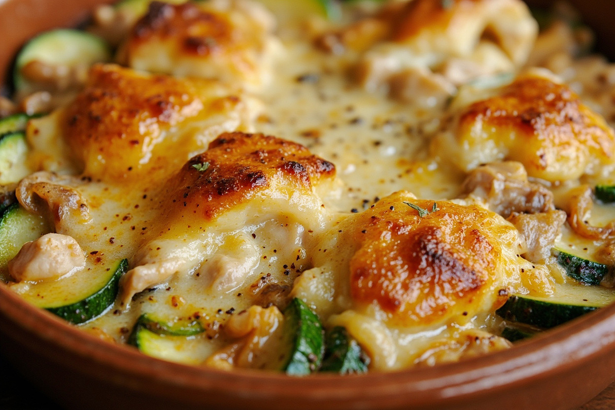 Запеченные кабачки с курицей и сыром