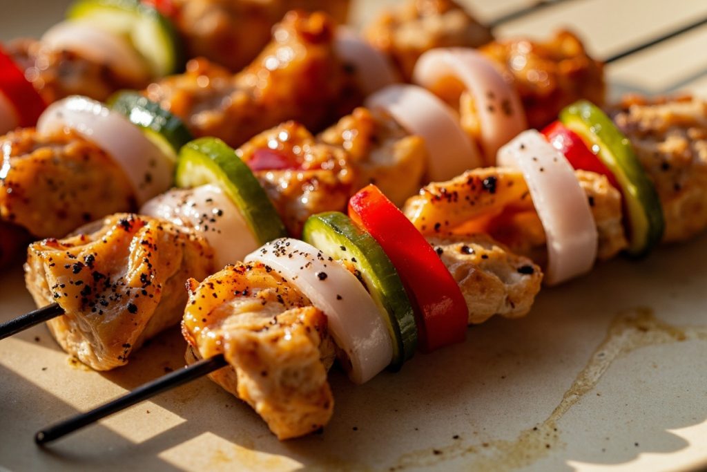 Куриные шашлыки с маринованным луком и перцем