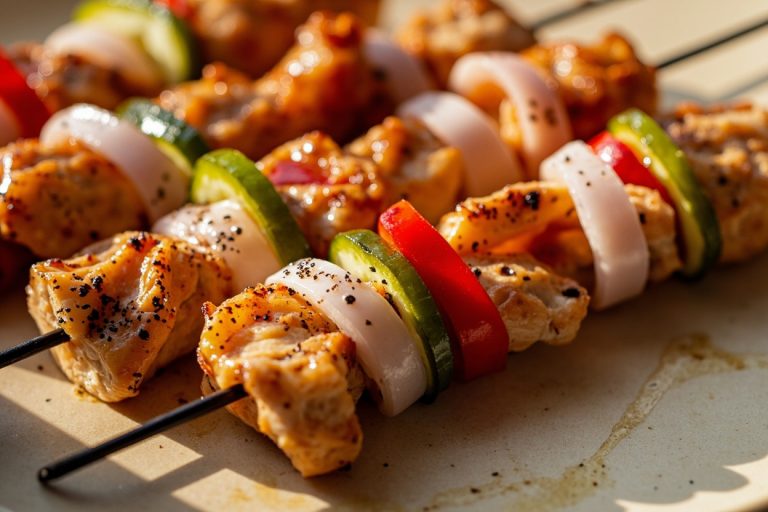 Куриные шашлыки с маринованным луком и перцем