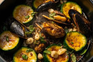 Запеченные кабачки с мидиями и чесноком в аэрогриле