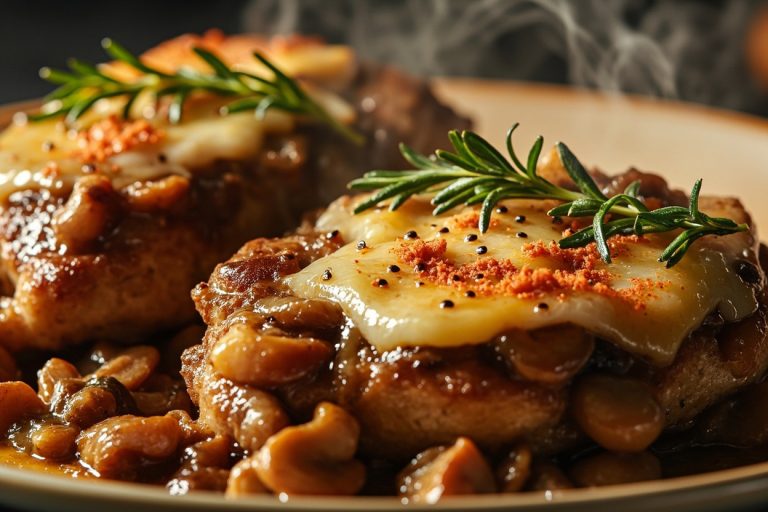 Свиные медальоны с грибным соусом и сыром в аэрогриле