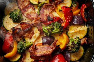 Запеченные овощи с беконом и сыром в аэрогриле