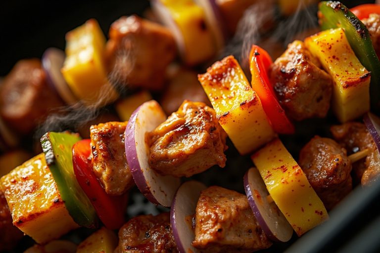 Куриные шашлыки с перцем и ананасом в аэрогриле