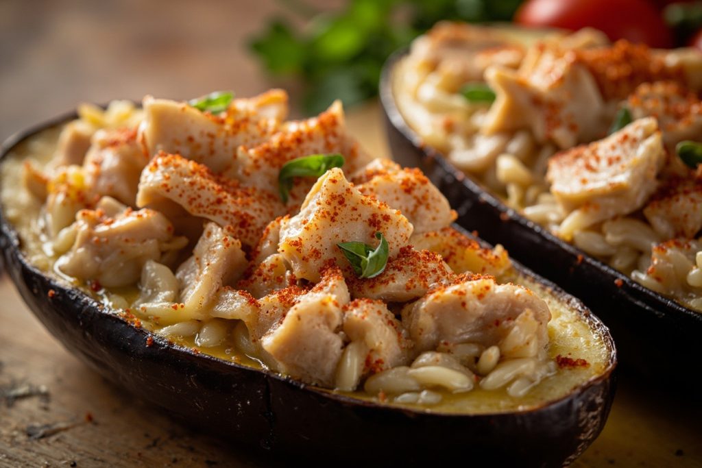 Запеченные баклажаны с курицей и рисом в аэрогриле
