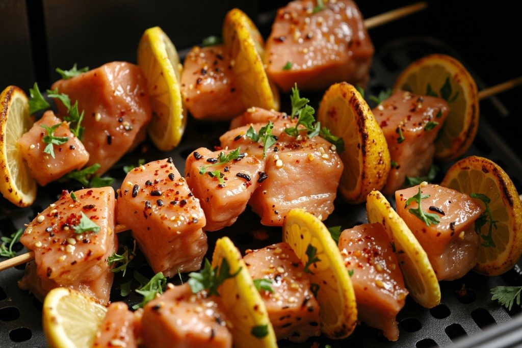 Рыбные шашлыки с лимоном и кунжутными семенами в аэрогриле