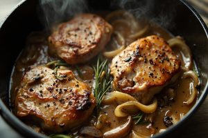 Свиные медальоны с грибным соусом и луком в аэрогриле