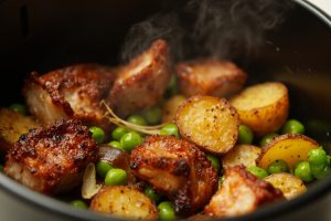 Свинина с картофелем и зеленым горошком в аэрогриле