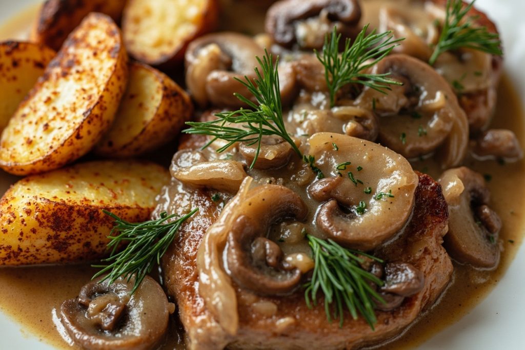 Свиные медальоны с грибным соусом и картофелем в аэрогриле