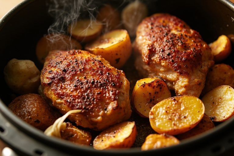 Куриные бедра с картофелем и чесноком в аэрогриле