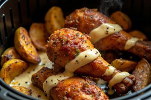 Куриные ножки с картофелем и чесночным соусом в аэрогриле