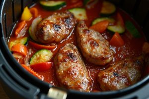 Телятина с овощами и томатным соусом в аэрогриле