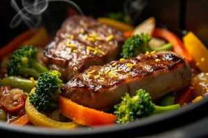 Телятина с овощами и лимонной цедрой с медом в аэрогриле